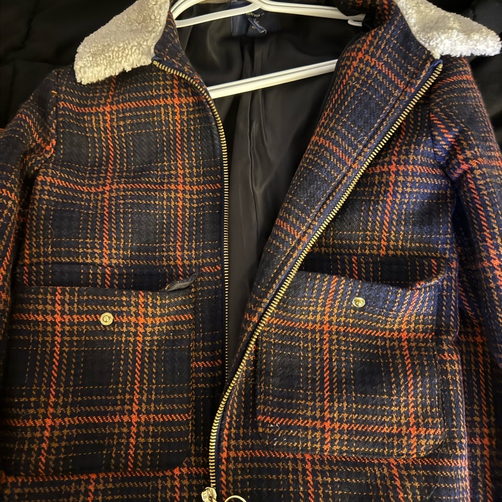 Forever 21 Navy and Orange Plaid Sherpa Collar Jacket